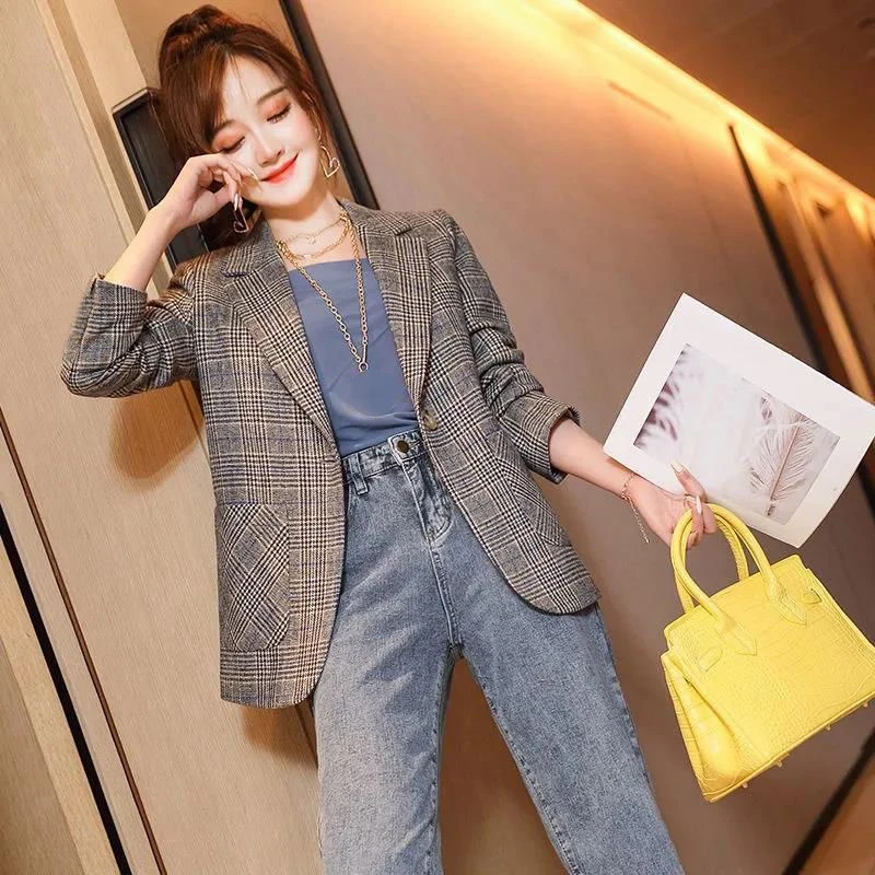 Luxury Clothing Plaid Jacket for Women Blazers Casual Coat Women\'s Blazer Suits Tailoring Trend Spring Long Fall Outfits Korean