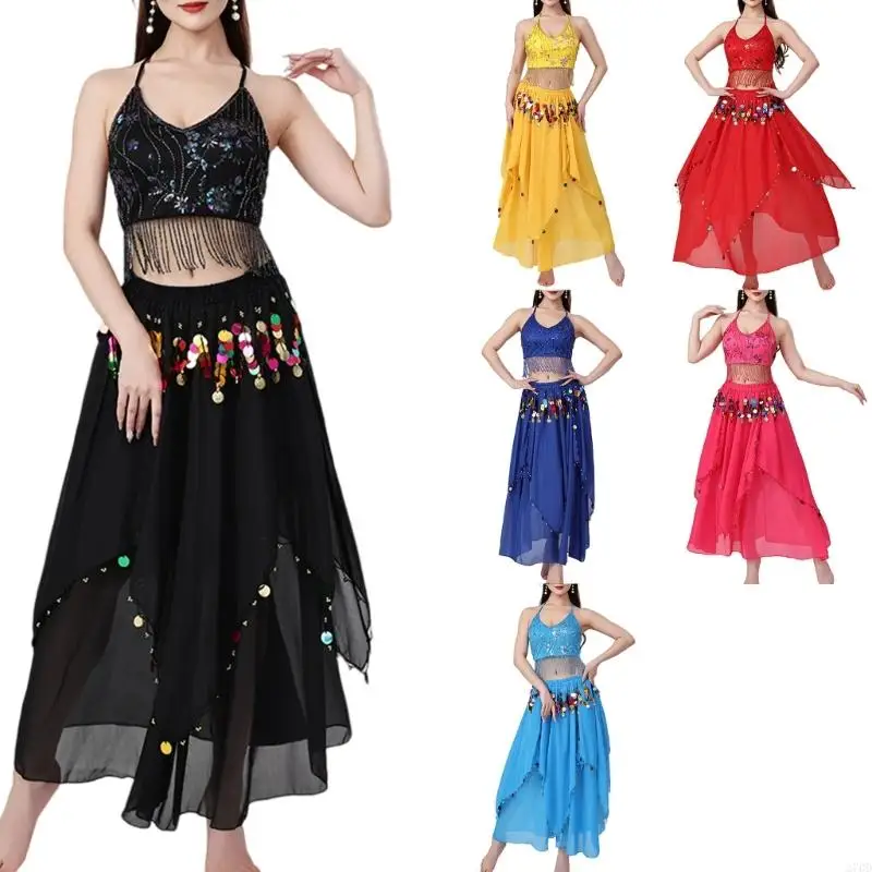 270d 2 pçs conjunto traje dança do ventre feminino roupa dança do ventre lantejoulas sutiã superior saia longa palco