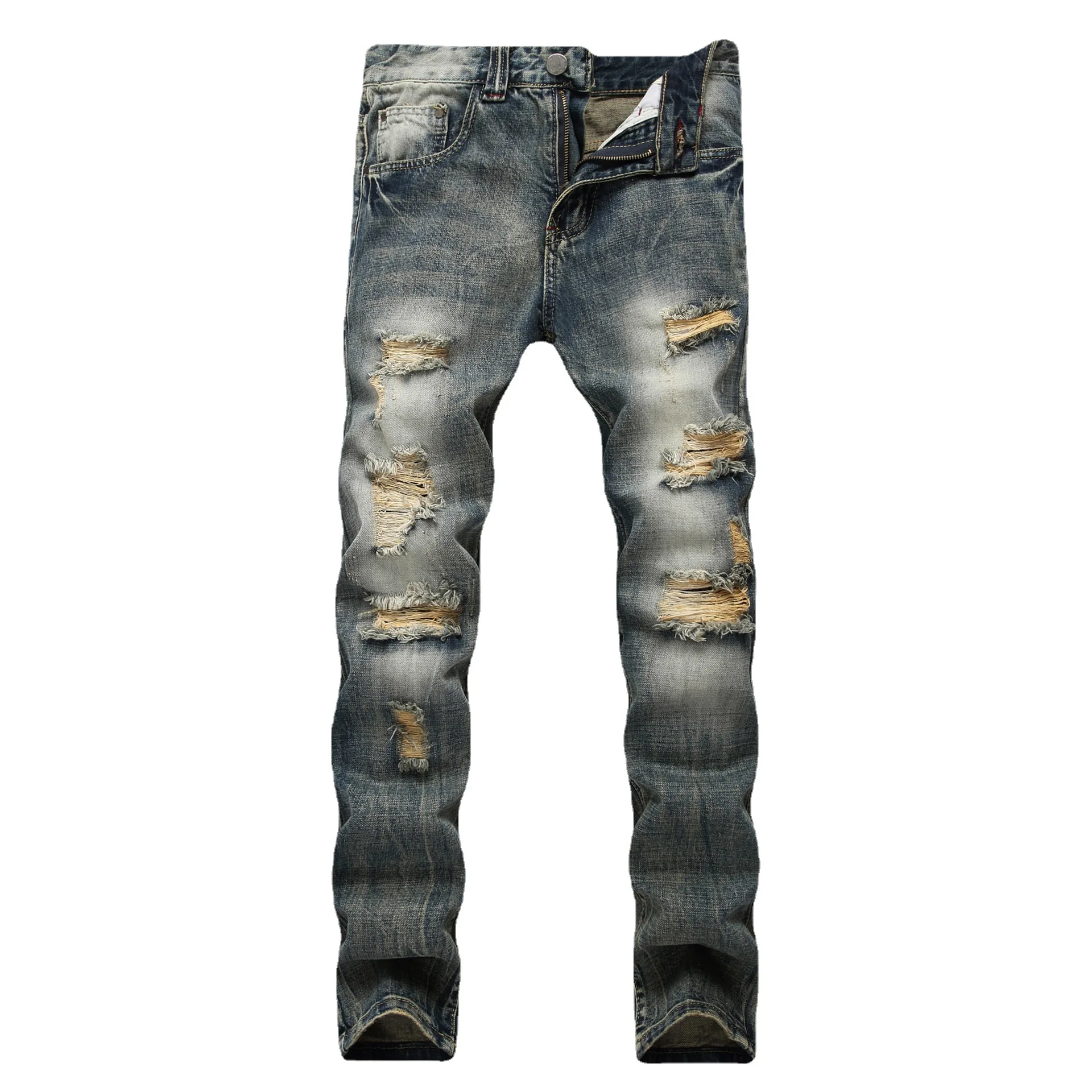 

Men Hole Jeans Straight Pants Denims Distressed Mid Waist Skinny Pockets Streetwear Washed Vintage Ankle Length Trousers 2025