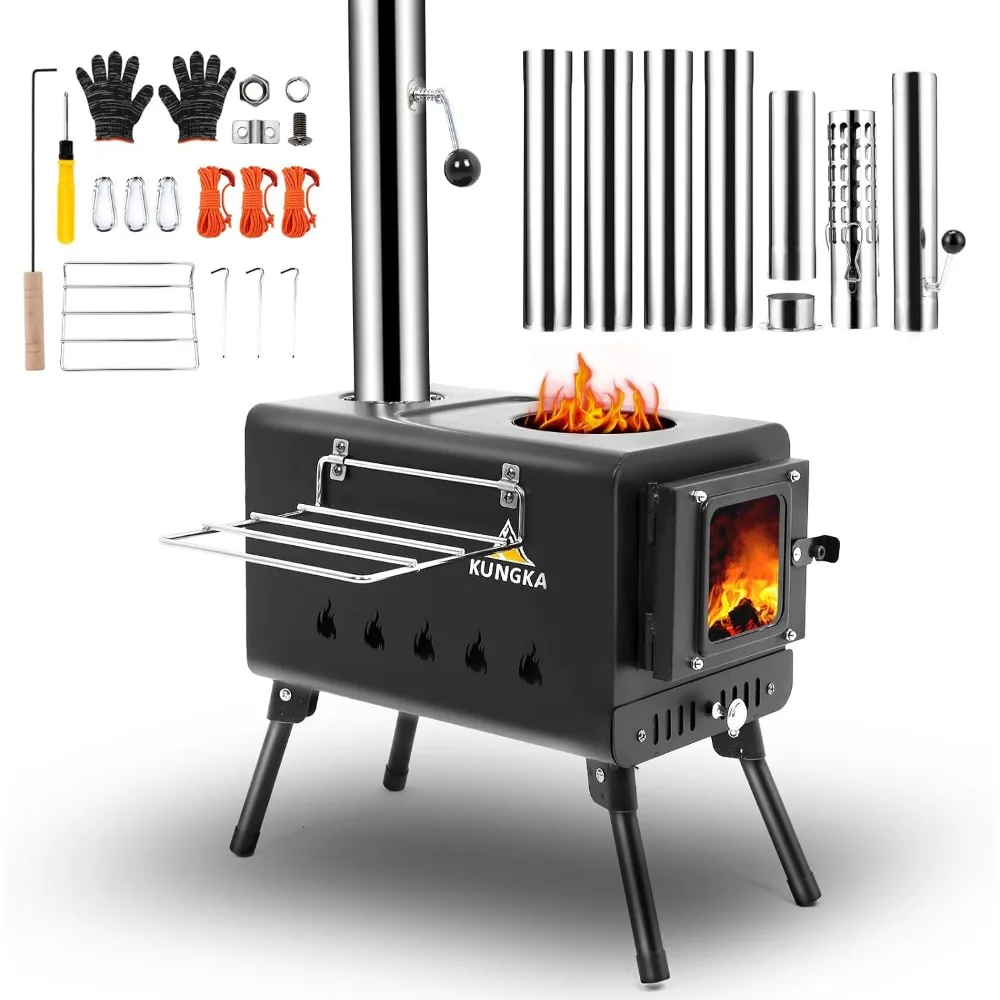 

Black Wood Burning Tent Stove, 7 Section Stainless Steel Chimney, Portable Hot Tent Stove for Camping, Hunting, Ice Fishing