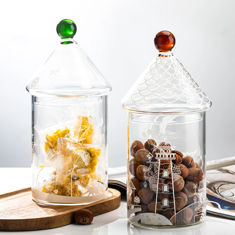 nordic-style-transparent-glass-printed-storage-jar-desktop-decoration-sunlight-jar-glass-bottle-home-use-snack-biscuit-jar