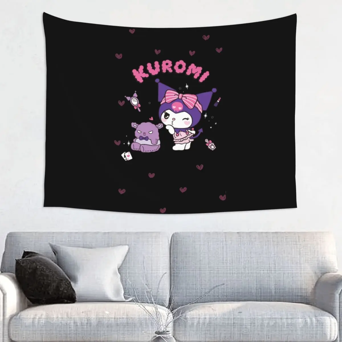 Customized Kuromi Cartoon Anime Heart Tapestry Hippie Room Decor Tapestries Wall Hanging for Dorm Home Decoration