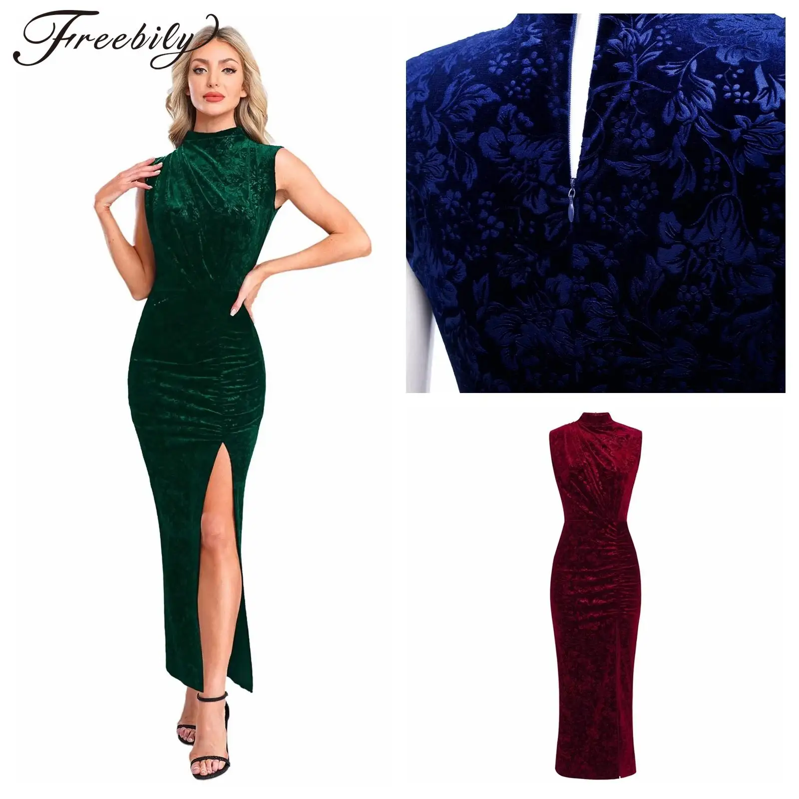 Cheongsam con dobladillo dividido, vestido elegante ajustado para mujer, Vestidos de terciopelo Jacquard, Vestidos florales sin mangas para mujer, vestido de noche Formal