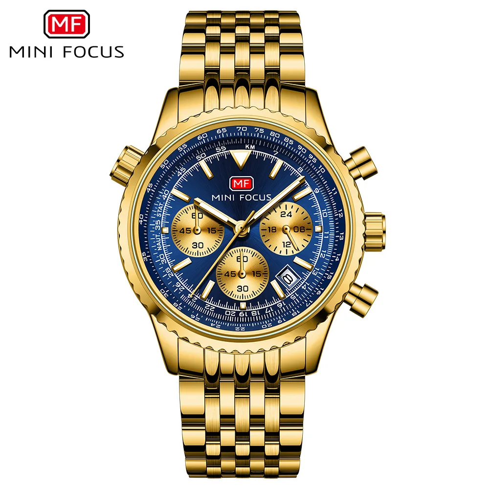 MINI FOCUS 0463G Quartz Watches Men Gold Green Waterproof Wristwatch Chronograph Auto Date Stainless Steel Clock for Male