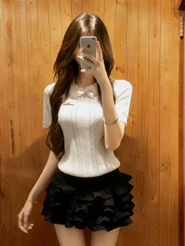 

Korean Sweet Style Women's Summer New Doll Collar Short Sleeve Knitted T-Shirt Lace Skirt Two-Piece Set High Waist Baking Cake