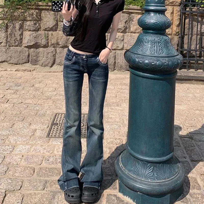 2026 New American Retro Denim Bell Bottoms Ultra Low Waist Deep Blue Versatile Ladies Jeans Cotton Stretch Denim mid Wash