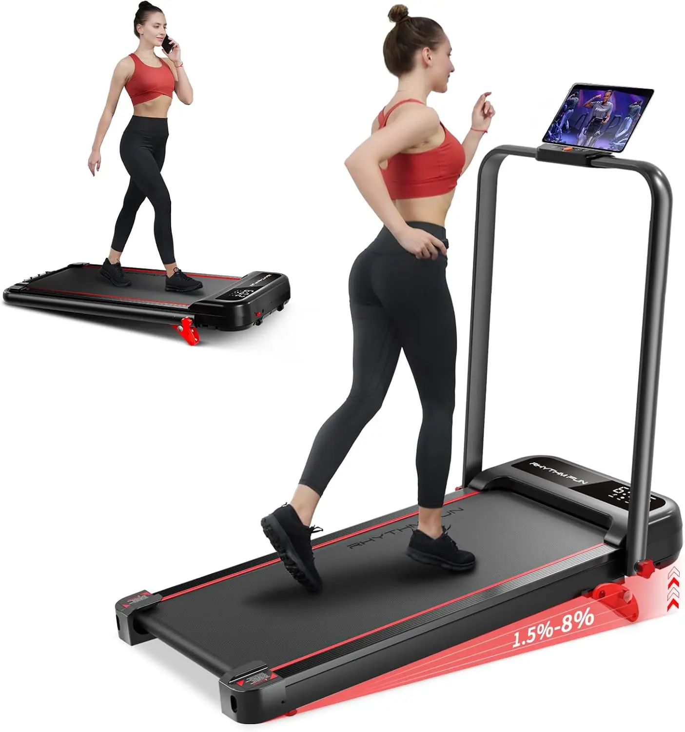 Incline Foldable Treadmill, Walking Pad with Handle Bar 3 Level Incline, 300 Lbs Portable Treadmill for Home Office, Under Desk