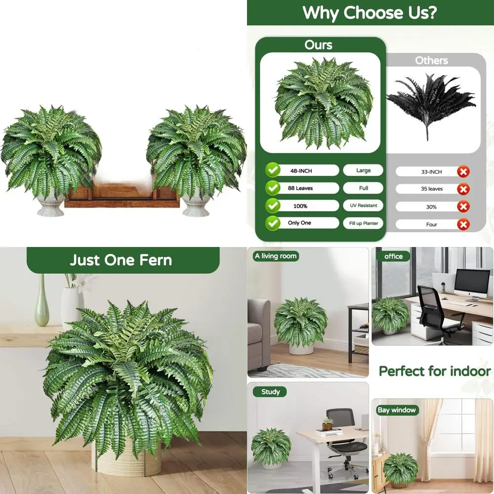 

Realistic Large Faux Boston Ferns for Outdoors, UV Resistant, 47 Inch Hanging Artificial Plants for Porch and Patio