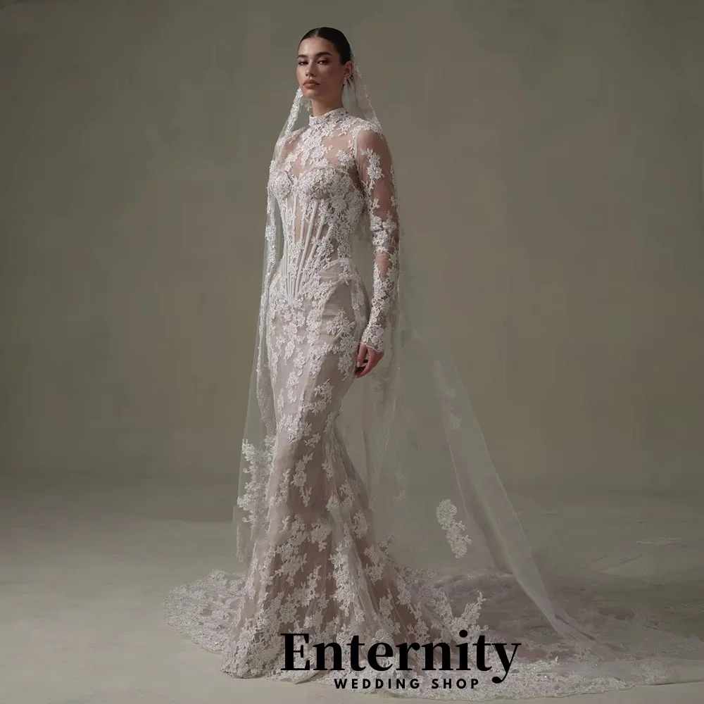 

Customized Lace-up Wedding Dresses Elegant High Neck Long SleeveFor Women Charming Lace Applique Bridal Gowns Vestidos De Novia
