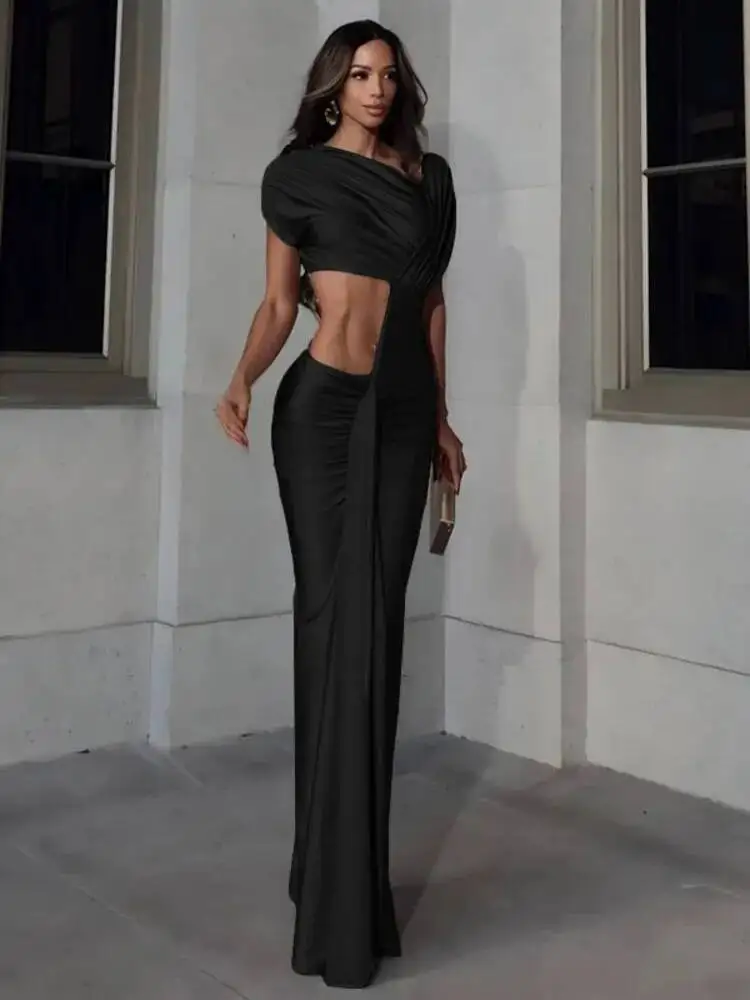 Sukienka z nieregularnymi wycięciami, marszczona, z asymetrycznym dekoltem, krótkie rękawy, bez talii, rozcięcia, styl uliczny, elegancka, długa, obcisła 0V01