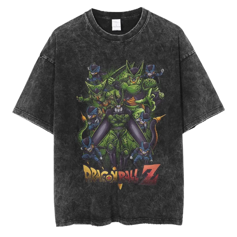 Anime Style Tee 2025 Zwart Katoenen T-shirt Groen Haar Gespierde Vechter Japanse Tekst Vintage Wassen Verontruste Oversized Streetwear