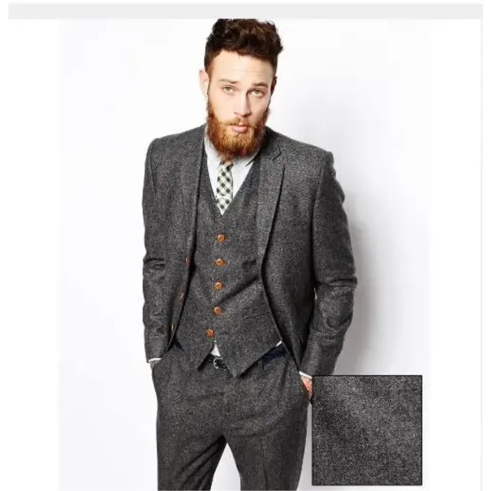 

New Fashion Grey Smoking Tweed Men Suit 3 Pieces Groom Tuxedo Mens Suits Custom Made Slim Fit Groomsmen ( Jacket+Pants+Vest)