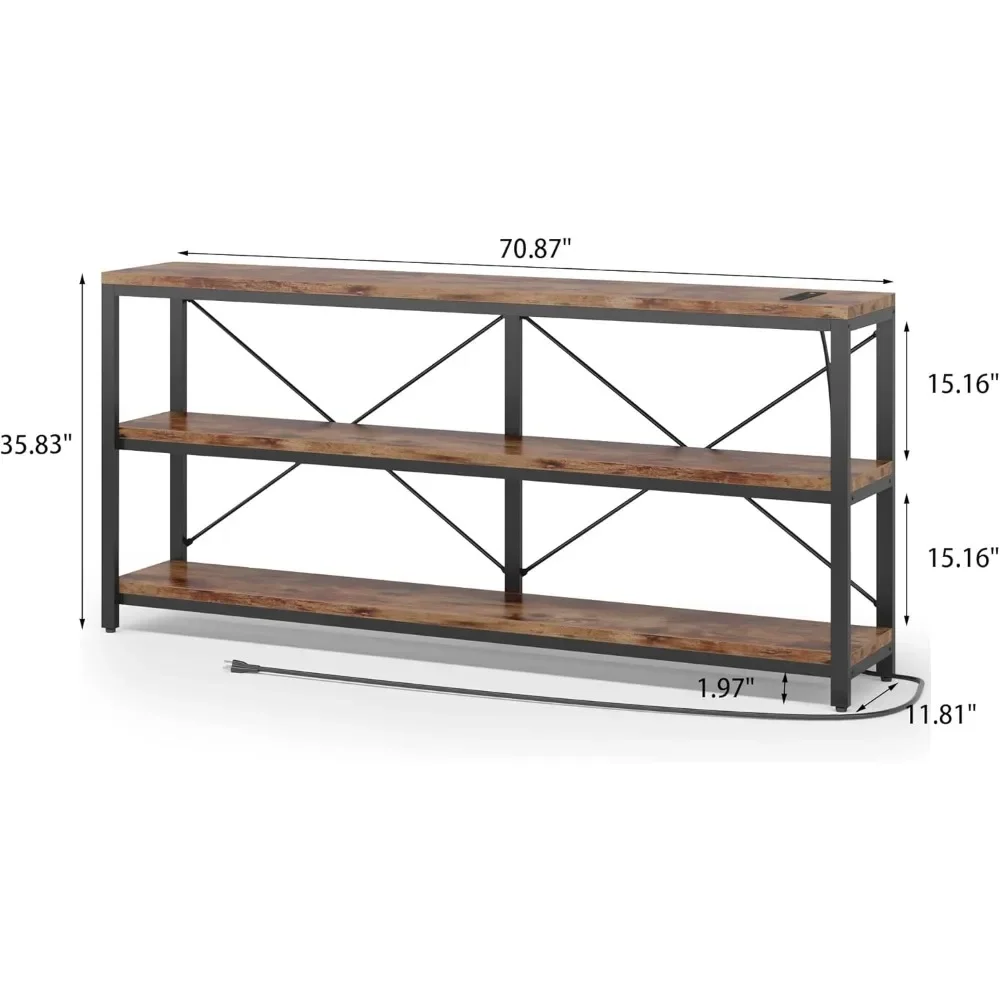 70.86'' Industrial Extra Long Sofa Table with Outlet, 3 Tiers Narrow Long Console Table with Storage Shelves and USB,Couch Shelf