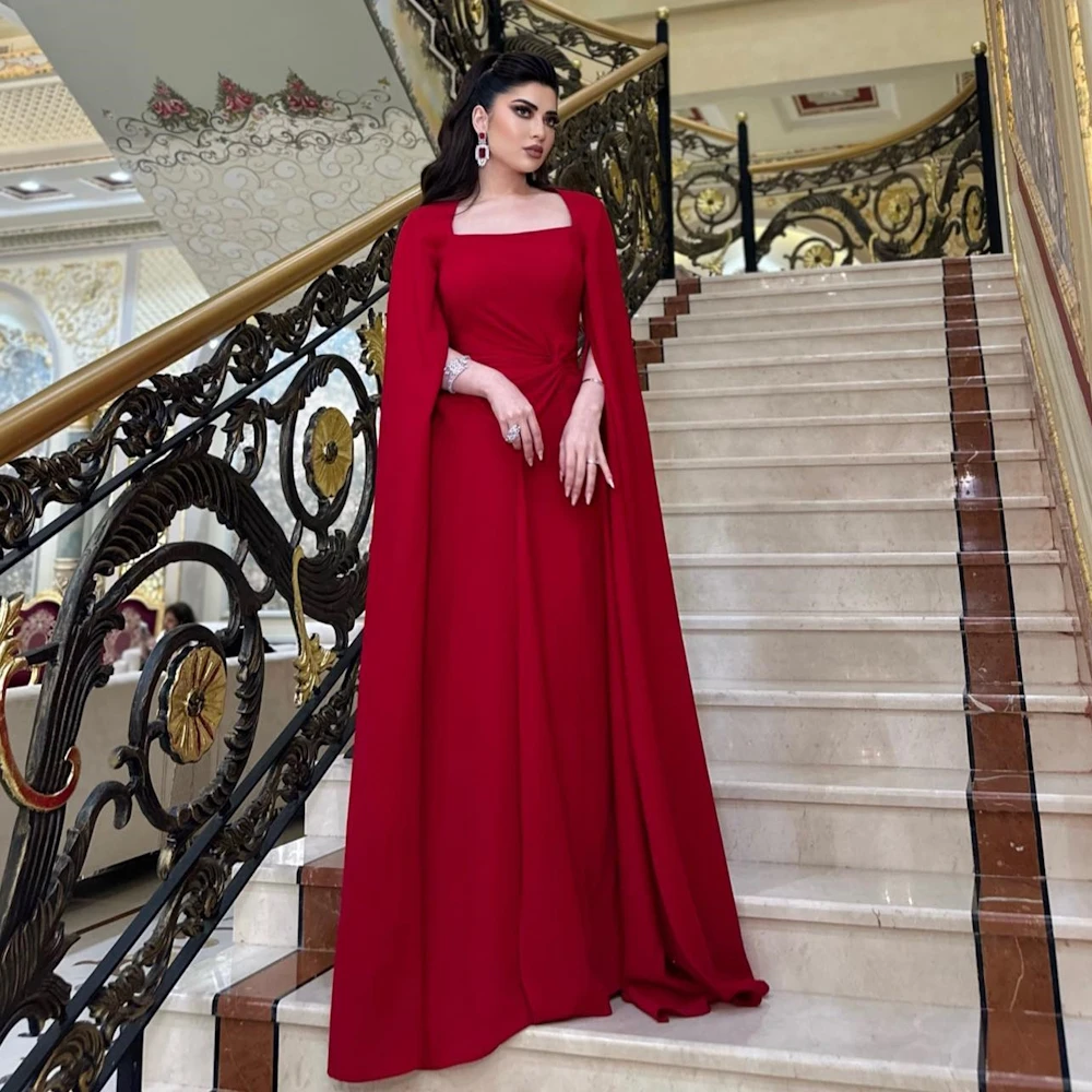 Welove Red Square Collar Evening Dresses Pleated فساتين للحفلات الراقصة New 2023 Cape Sleeves Straight فساتين مناسبة رسمية