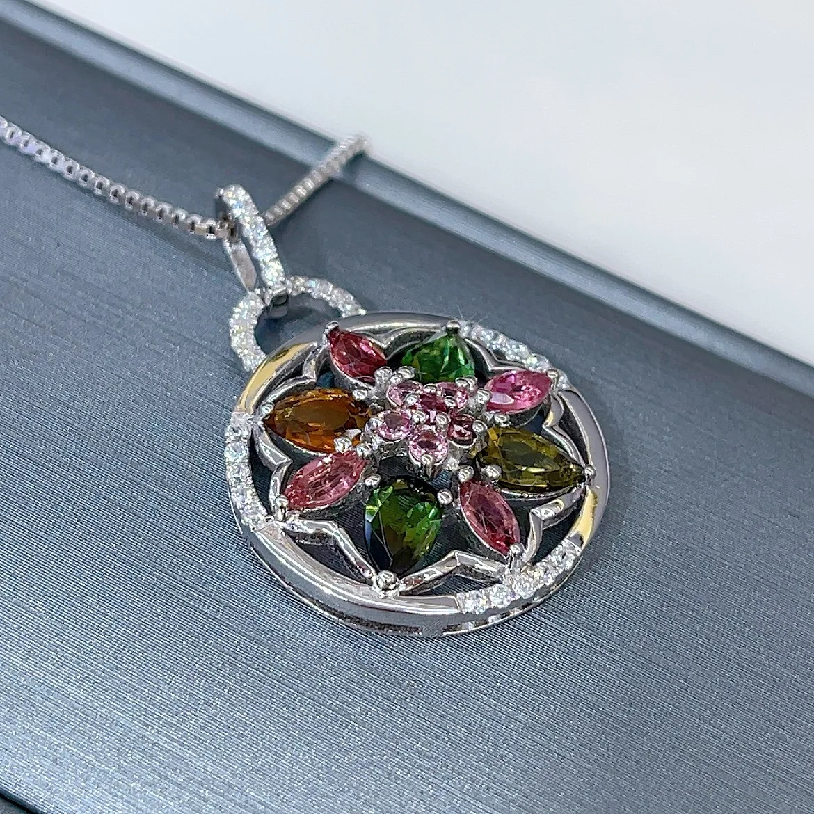 S925 Sterling Silver White Gold Plated Natural Multicolor Tourmaline Pendant,4*6mm Gemstone,Chain Not Included
