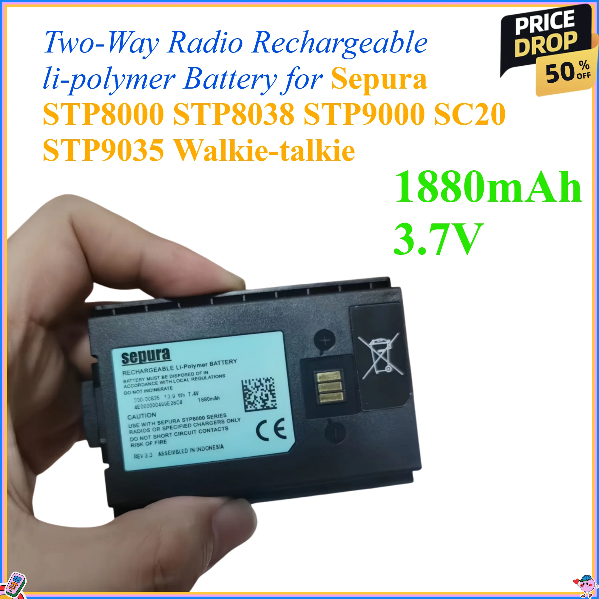 1880mAh 3.7V Two-Way Radio Rechargeable li-polymer Battery for Sepura STP8000 STP8038 STP9000 SC20 STP9035 Walkie-talkie