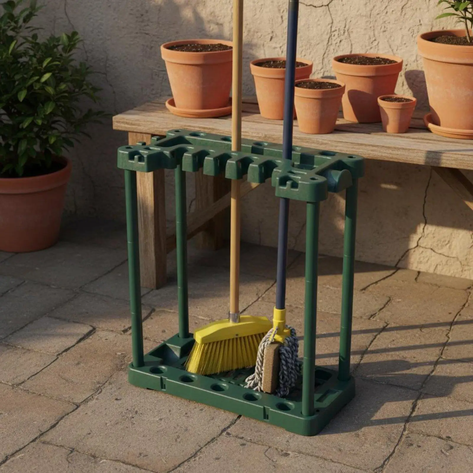 Rolling Utility Storage Rack with Wheels Freestanding Broom Mop Garden Tool Organizer for Patio Garage Dustpan Rake Shelf