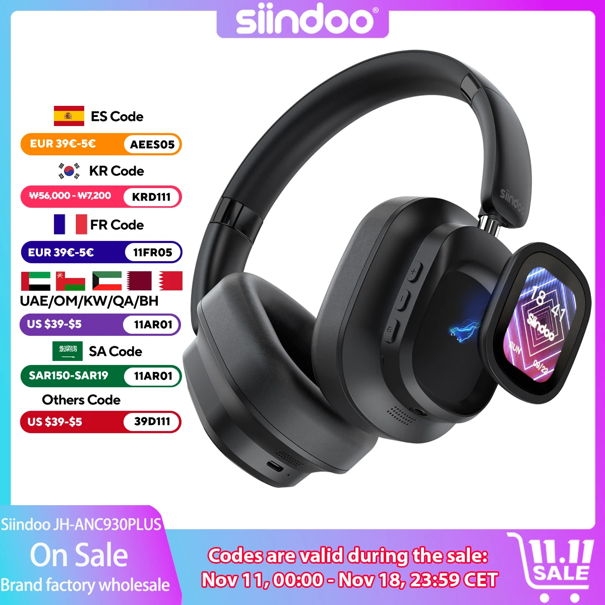 Siindoo JH-ANC930Plus Hybrid Wireless Headphone, Active Noise Cancelling Headphones With Multi Magnetic Touch Control LED Screen