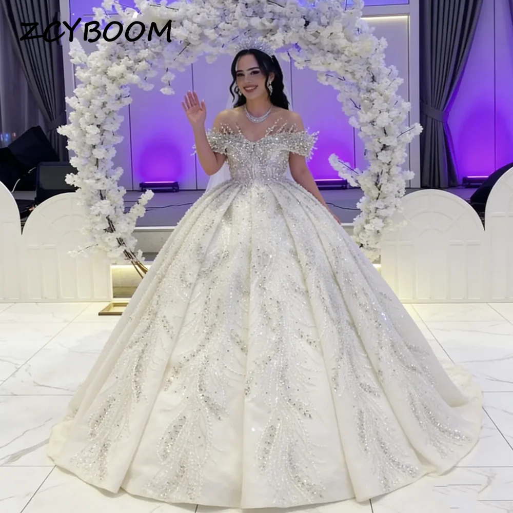 Customized Luxury Sparkly Off the Shoulder Bridal Gown Beading Sequined A-line Wedding Dresses 2026 Backless Vestido De Noiva