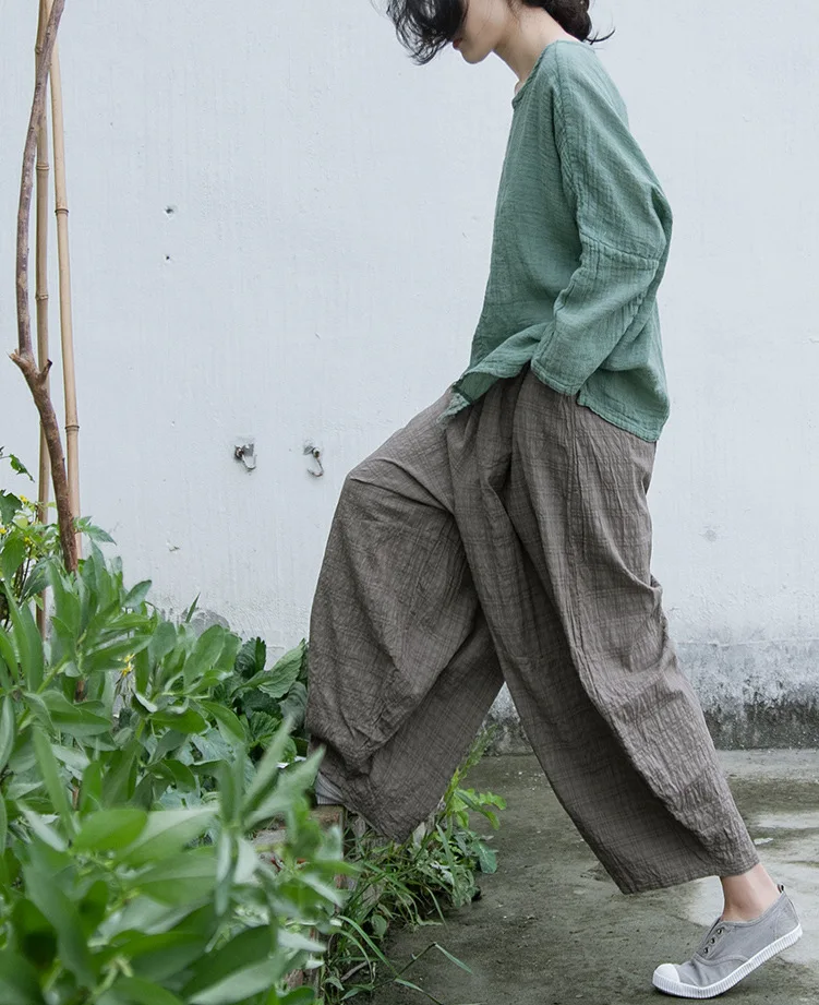 Johnature Casual All-match Full Length Wide Leg Pants 2026 Summer New Cotton Linen Elastic Mid Waist Patchwork Plaid Women Pants
