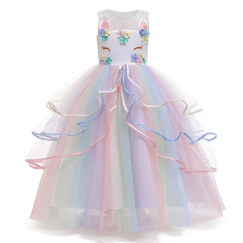 Girl\'s Long Unicorn Rainbow Wedding Party Dress Girl\'s Birthday Party Unicorn Character Dance Performance Dress Three Piece Set