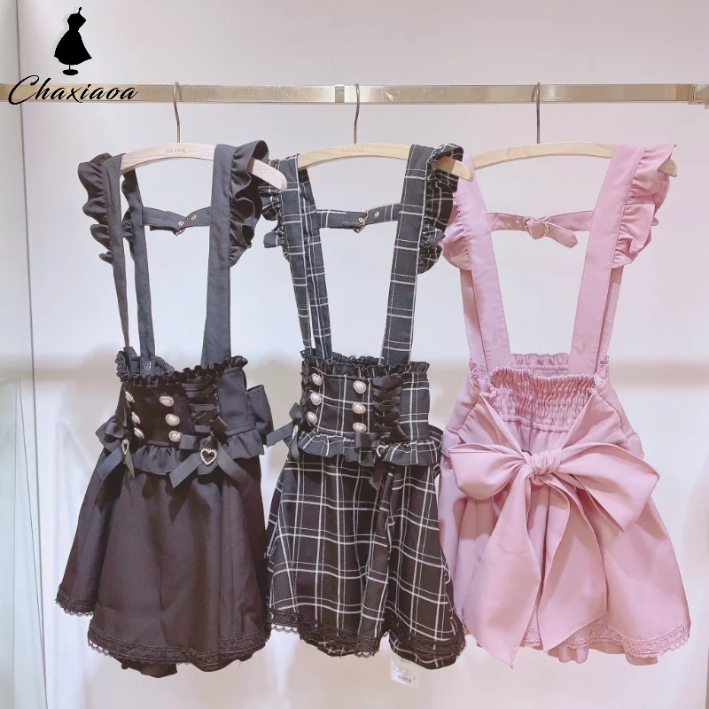 

Lace A-line Mini Skirts Japanese Gothic Lolita Ribbon Bow Diamond Pearl Buckle Removable Short Suspender Skirt Girls Sweet Cute