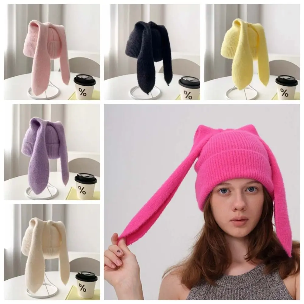 

Versatile Elastic Bunny Pullover Cap Trendy Soft Solid Color Knitted Hat Headgear Korean Style Brimless Beanie Hat Women