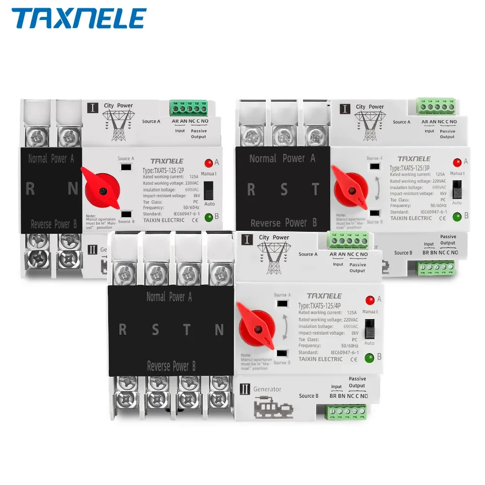 

63A 100A 125A Din Rail 2P 3P 4P ATS Dual Power Automatic Transfer Selector Switch Uninterrupted Power Generator Switch