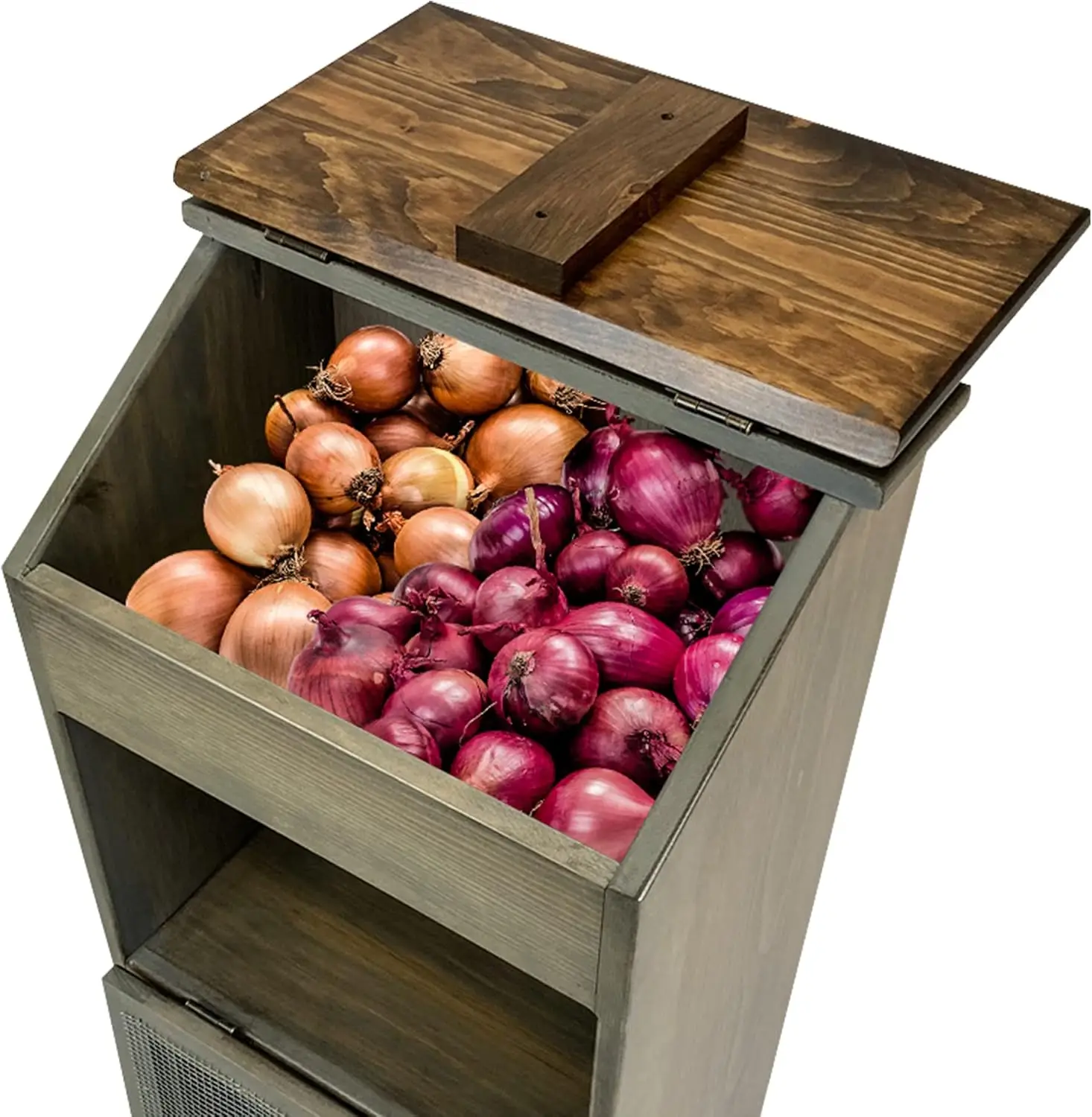 Potato Storage Wood Box Wooden Bread Bins Decorative Onion Bin w/Grocery Section Vegetable Storage w/Lid for Kitchen Pewter