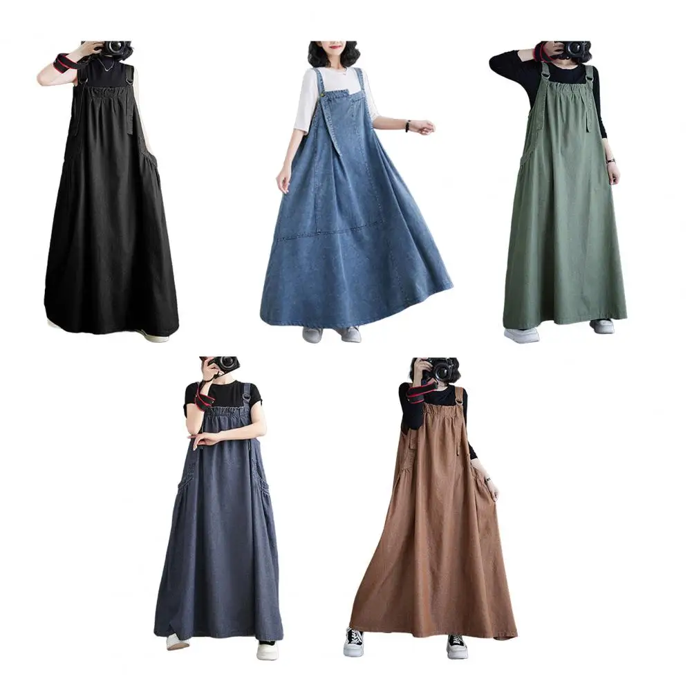 الدنيم المتضخم الصيف فستان بحزام طويل المرأة غير النظامية عادية فضفاض كشكش مطوي فساتين السيدات بلا أكمام فستان امرأة
