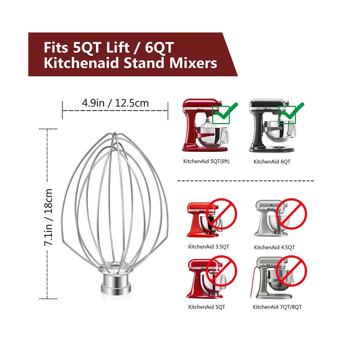 Wire Whip for Kitchenaid Stand Mixer 5QT Lift and 6QT, Whisk Attachment, Stainless Steel Egg Cream Stirrer