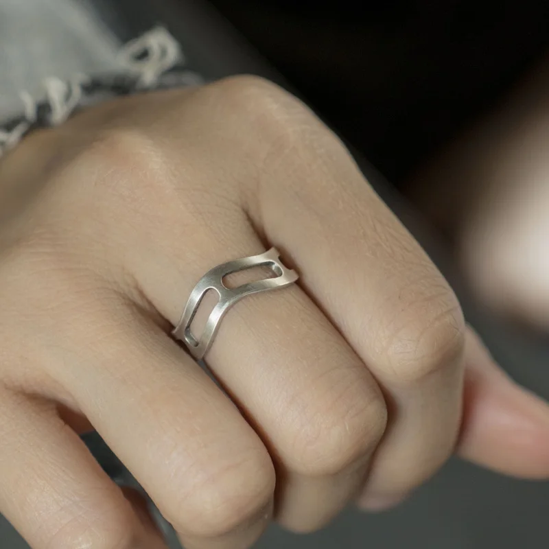 Hand brushed matte 925 silver ring men's simple opening adjustable design couple ring women