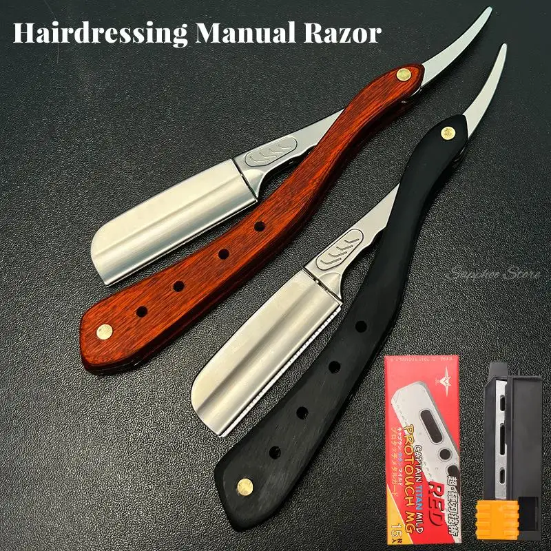 

Barber Men Straight Edge Razors Zinc Alloy Folding Shaving Knife Hair Removal Tools Red Sandalwood Handle With Feather Blade