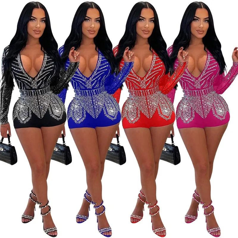 

Crystal Diamonds Club Party Playsuits Women Sexy V-Neck Mesh Full Sleeve Patchwork Slim Shorts Jumpsuits Female Y2K Rompers