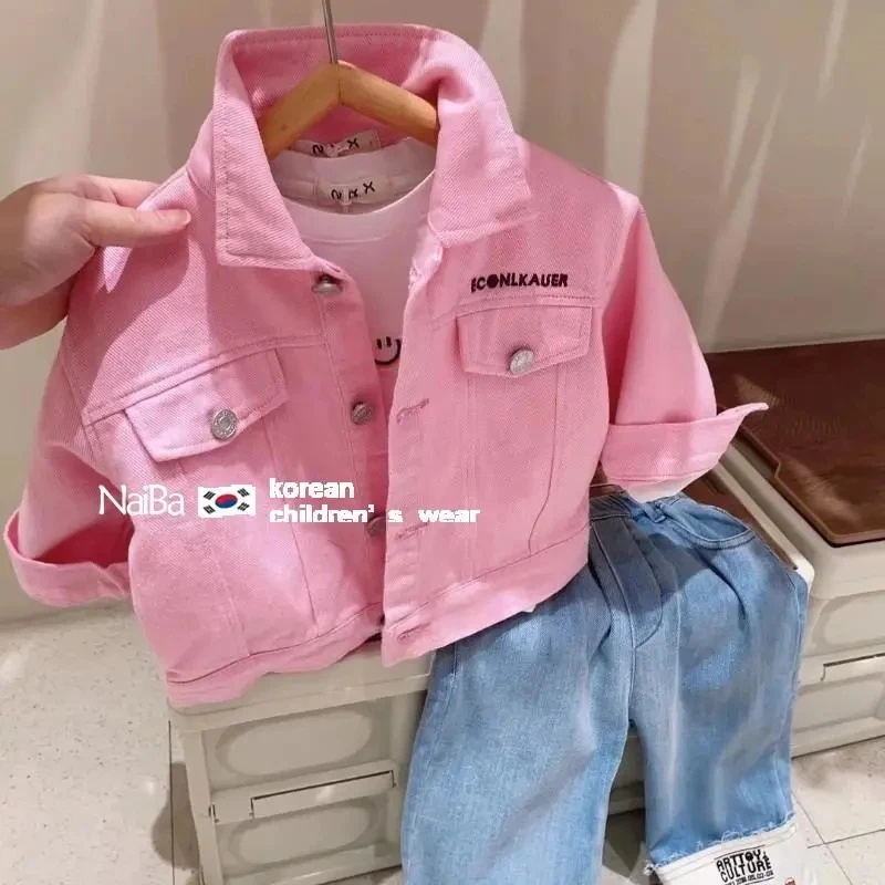 

Children's Denim Coat 2023 Spring and Autumn Pink Polo Collar Boys and Girls Pure Cotton Letter Embroidery Jacket