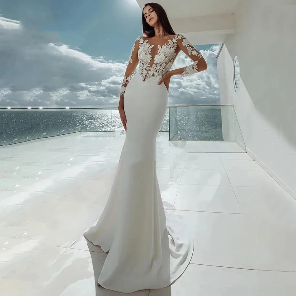 

Classic Mermaid Applique Bride Wedding Dress Illusion Long Sleeves and Back Floor Length Custom Made Bridal Scoop Neck Gowns