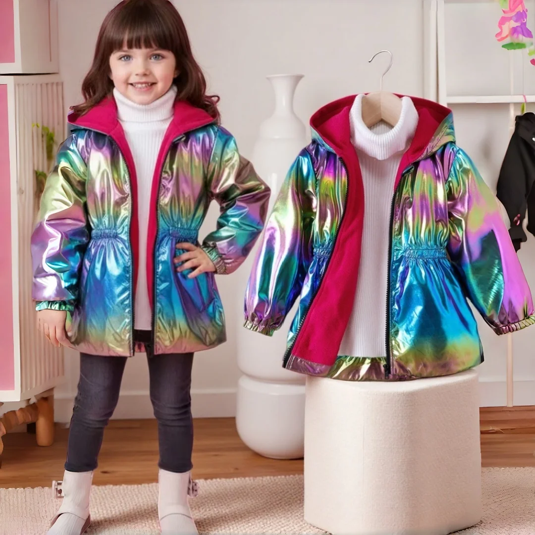 

2025 куртка с капюшоном радужного цвета для маленьких девочек, ветрозащитное зимнее пальто с блестящей верхней одеждой на молнии для детей, детская одежда для девочек