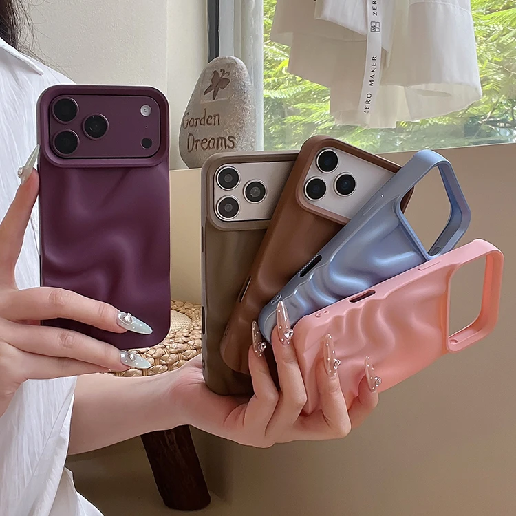 Stylish 3D Bump Wave Shiny Pink Back Cover For iPhone Air 11 12 13 14 15 17 18 Pro Max Phone Case