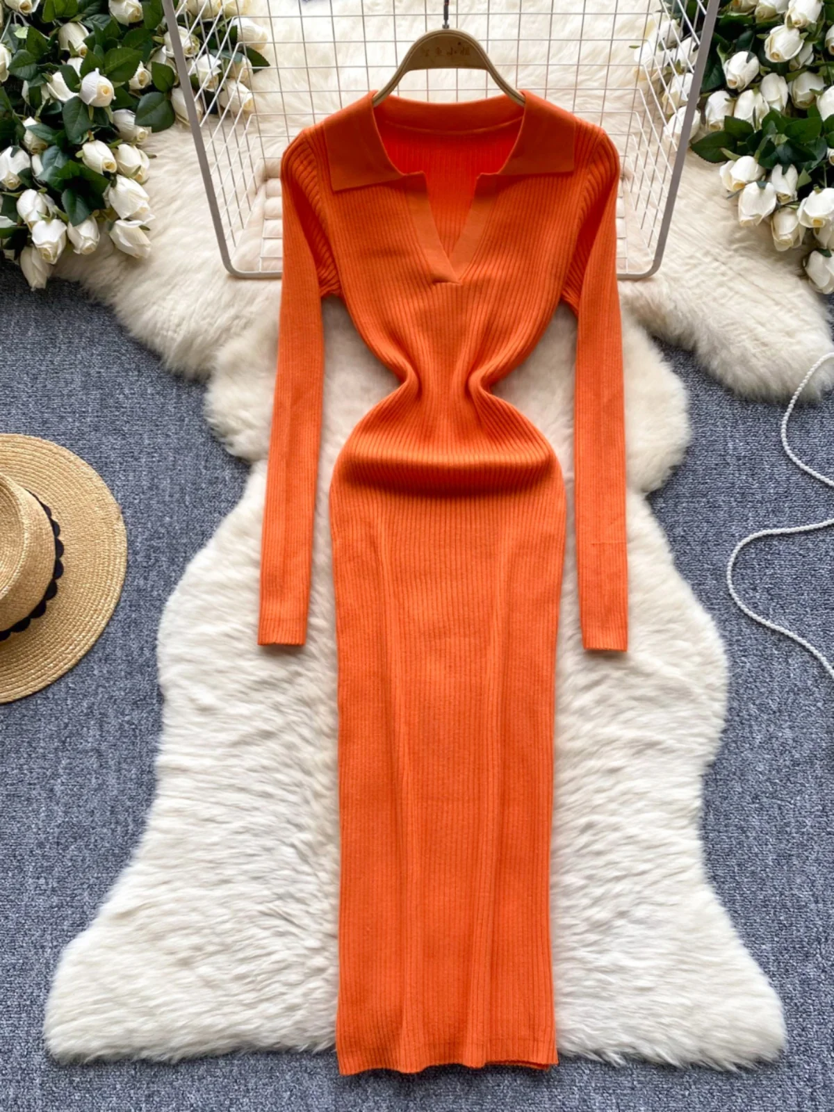 Retro Sweter z Kołnierzykiem, Długi, Wyszczuplający, Dzianinowy, Dopasowany do Sylwetki, Spódnica z Wysokim Stanem, Damska, Jesienno-Zimowa, Moda Koreańska, Elegancki