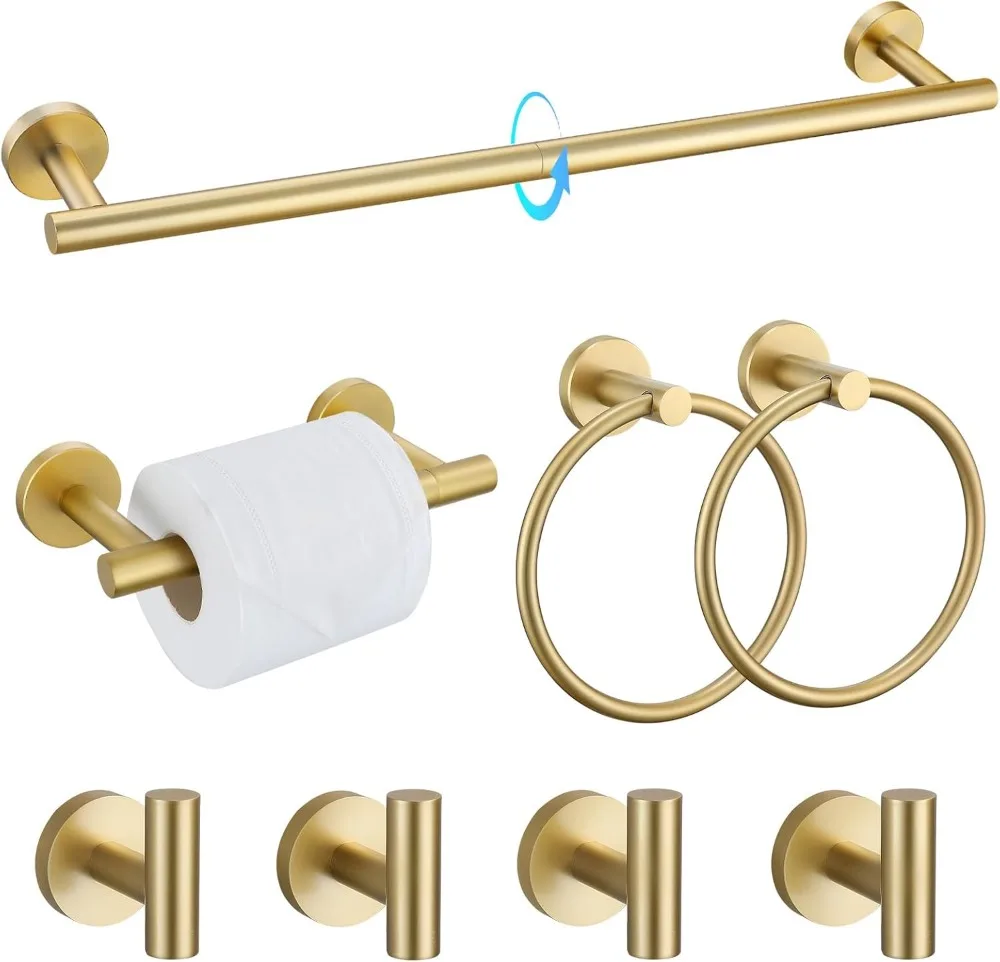 

8-Piece Brushed Gold SUS304 Stainless Steel Bath Towel Bar Set, 23.6 Inch Round Wall Mounted Bathroom Accessories Kit