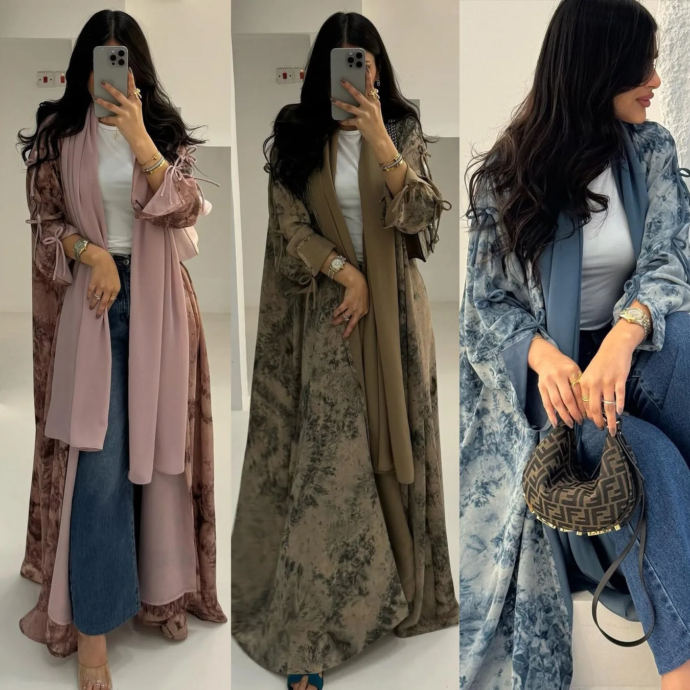 

Fashion Women's Wear Muslim Chiffon Print with Headscarf Two-piece Summer Casual Coat Abaya Robe
