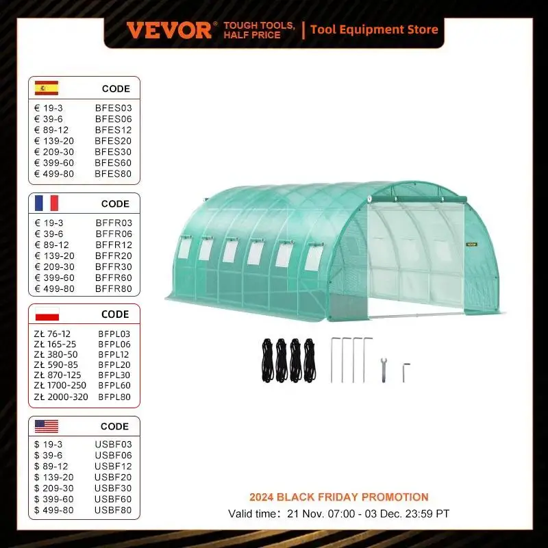 VEVOR Walk-in Tunnel Greenhouse Galvanized Frame & Waterproof Cover 15x7x7/10x7x7/20x10x7/12x7x7 ft Greenhouses & Cold Frames