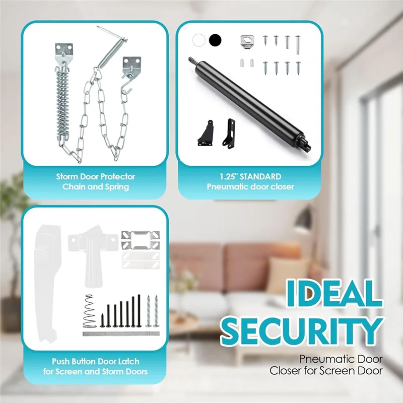 

A25F-Комплект дверного доводчика для экрана и штормовой двери Защитная цепь для штормовой двери и пружинный экран и набор кнопок штормовой двери Черный