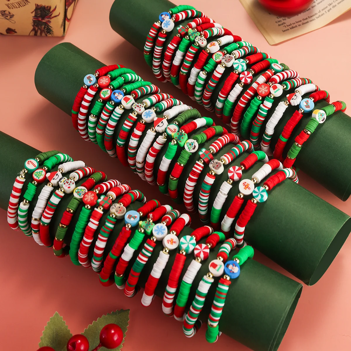 

48Pcs Fashion Colored Snowman Christmas Tree Pendant Polymer Clay Beaded Bracelet Set for Women Christmas Party Jewelry Gifts