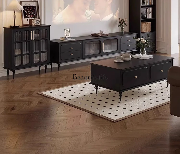 

TV cabinet Modern retro living room black American solid wood floor-to-ceiling TV cabinet