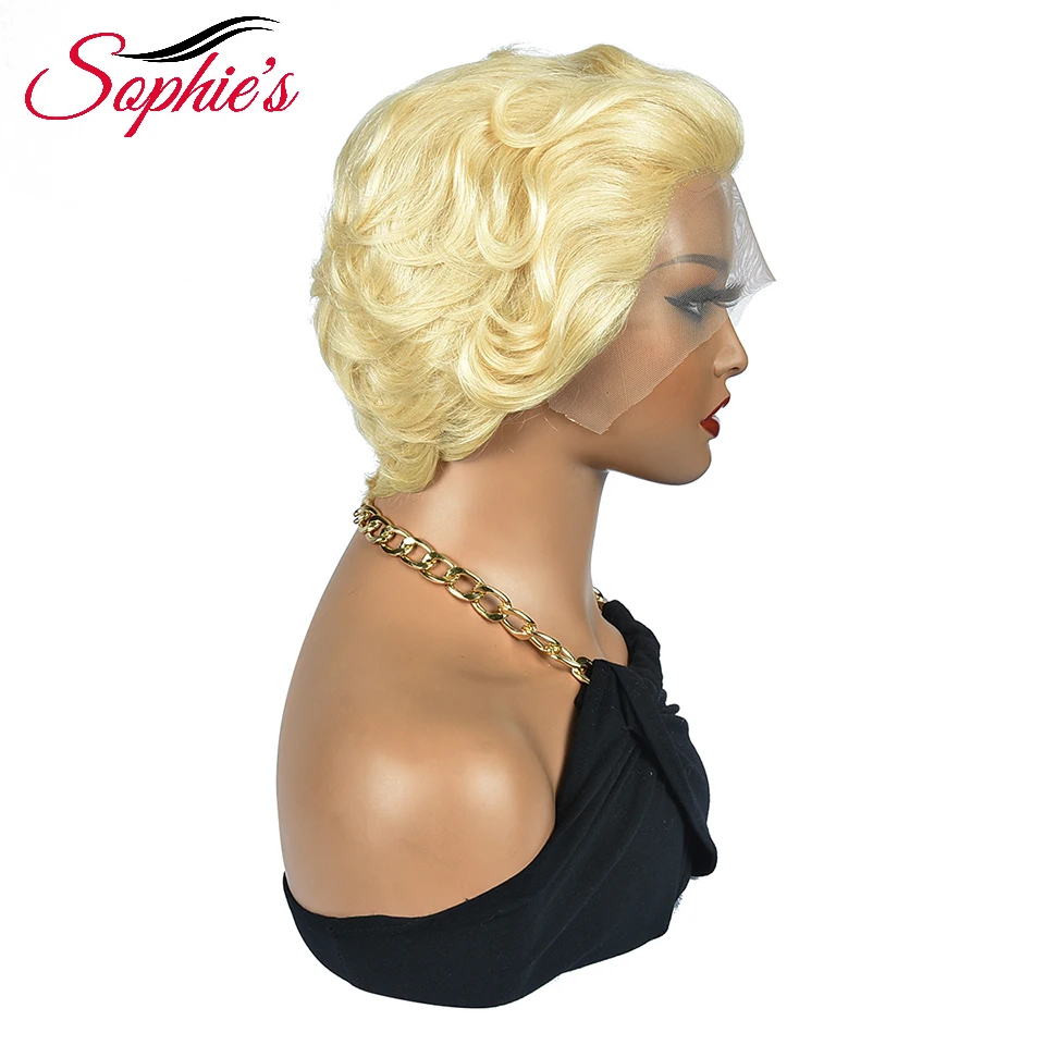 Sophies 613 Blonde Kant Front Human Hair Pruiken Korte Pixie Cut Pruik Voor Vrouwen Braziliaans Haar Remy Hair 180% Dichtheid 4.5 Inch