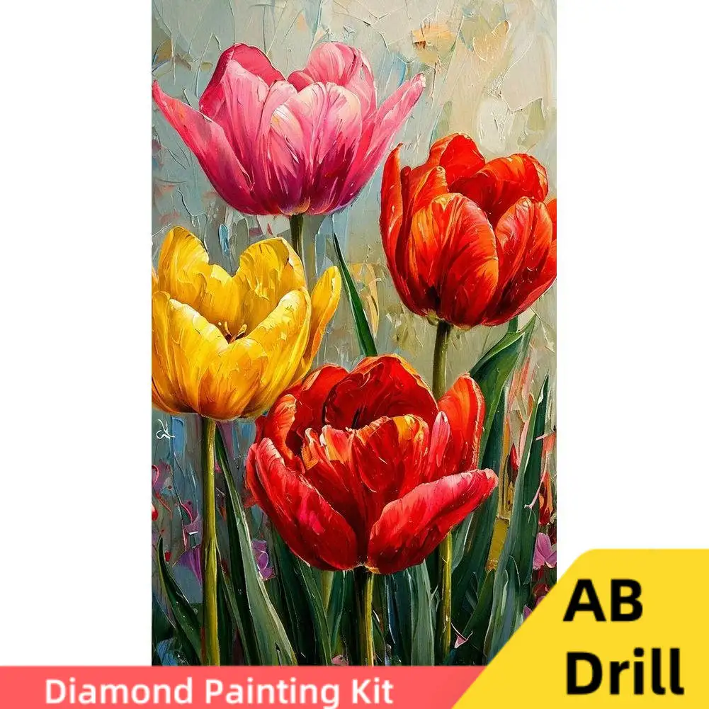

AB Drill 5D Full Round Square Diamond Painting Vintage Tulips Cross Stitch Kit DIY Embroidery Mosaic Flowery Bedroom Decor