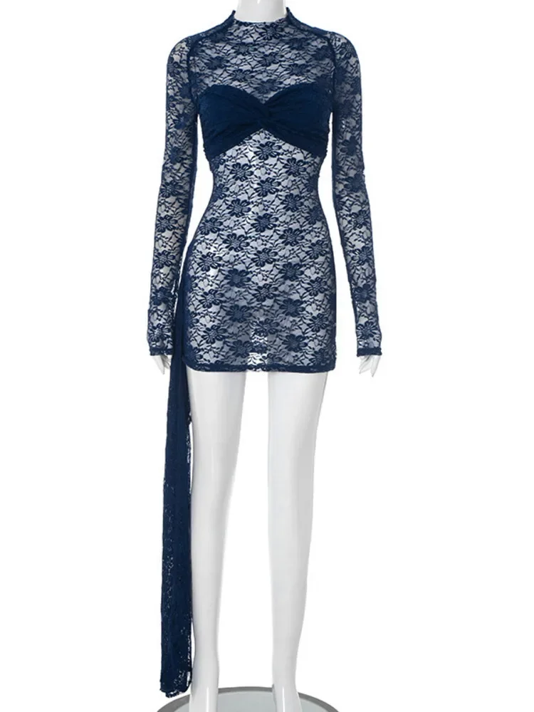 2025 New Lace See Through Sexy Mini Dress For Women Half High Collar Long Sleeve Draped Ruched Club Party Dresses Female