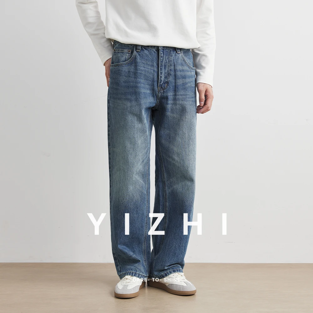 Blue Washed American Style Men's Jeans Straight Leg Loose Wide Leg Pants Retro Trendy Brand Casual Wear All Seasons Size plus