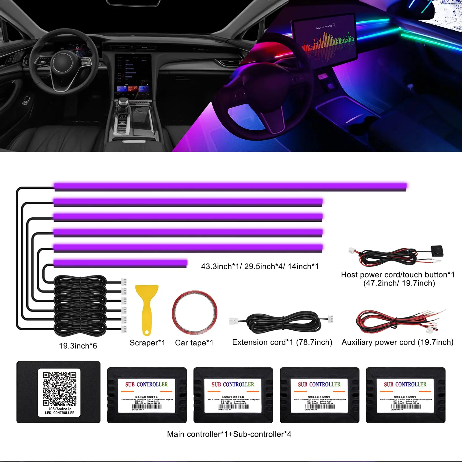 

LED Acrylic Car Interior Strip Light RGB 213 Color Mood Lamp Kit 10 in 1 Universal Fit APP Bluetooth Music Sync Ambient Lighting
